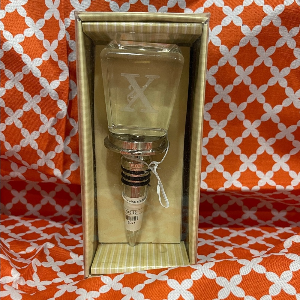 Silver and Clear Bottle Stopper Monogram “X”, NEW in box.